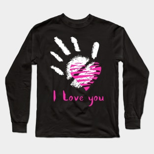 White Handprint and Pink Heart. I Love You Calligraphy Long Sleeve T-Shirt